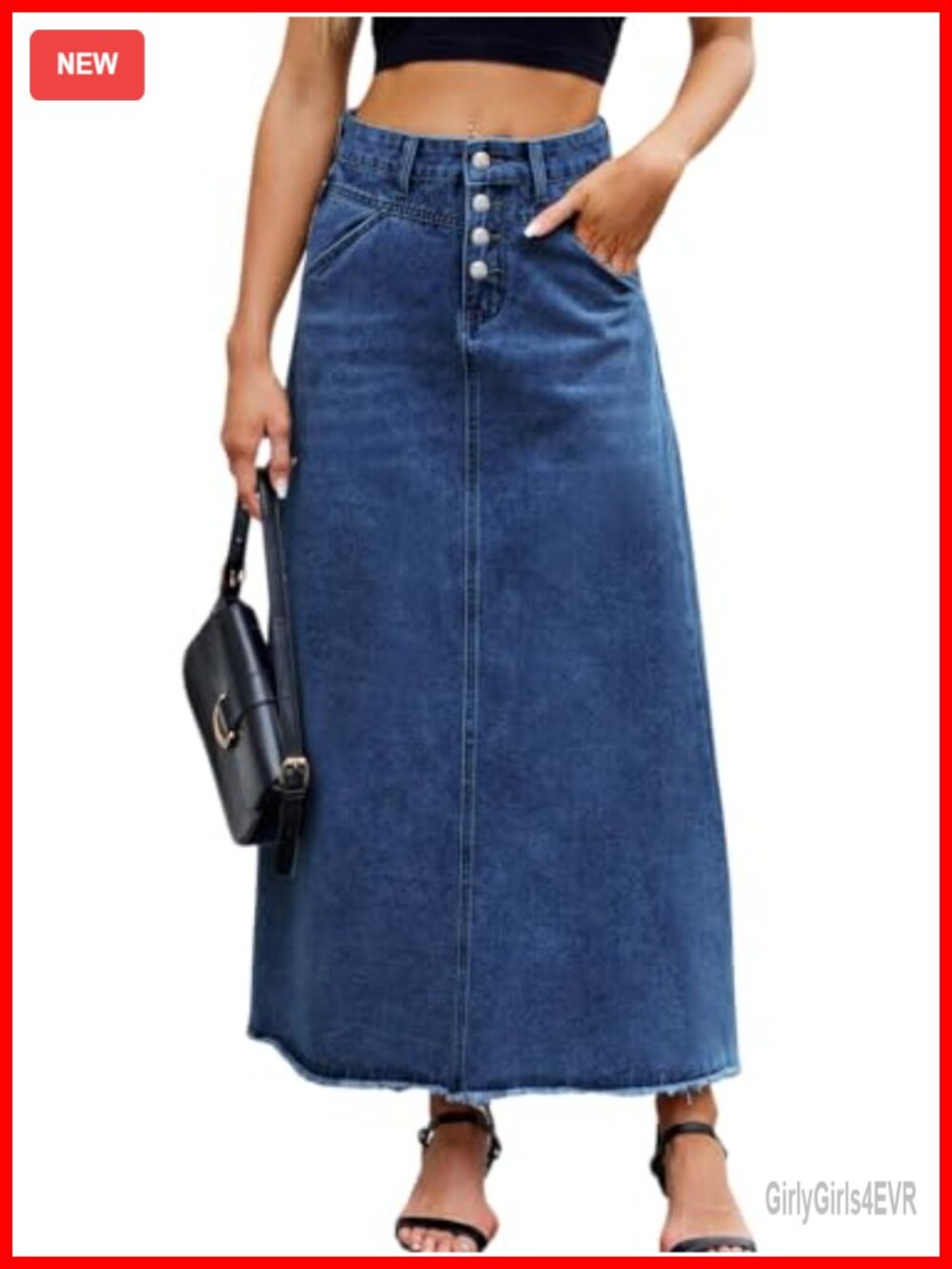 Women's High Waist Maxi Denim Skirt Frayed Hem A-Line Jean Skirt Pockets